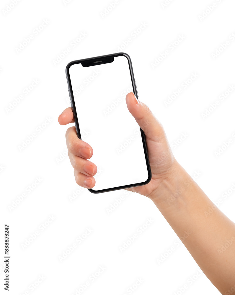 Hand holding the black smartphone with blank screen isolated on white background, clipping path. Hand holding the black smartphone with blank screen isolated on white background, clipping path.