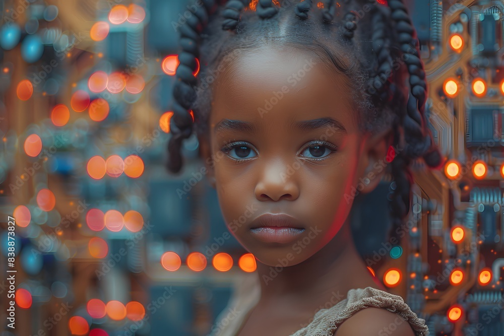 Portrait of a Young Girl with Braided Hair against a Futuristic Circuit Board Background - Technology and Youth Portrait of a Young Girl with Braided Hair against a Futuristic Circuit Board Background - Technology and Youth