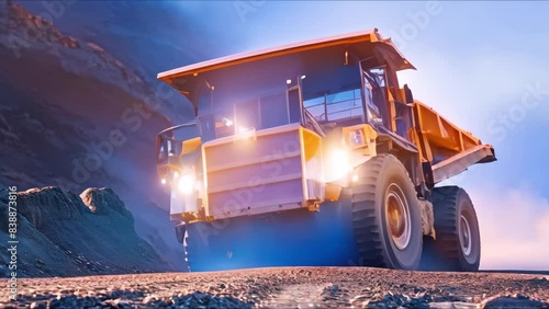 Yellow haul truck in open pit coal mine for heavyduty mining. Concept Heavy Machinery, Mining Industry, Coal Extraction, Open-Pit Mining, Industrial Equipment photo