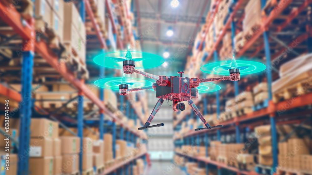 A digital drone equipped with neon highlights operates in an automated warehouse, showcasing advanced technology and modern logistics solutions.
A digital drone equipped with neon highlights operates in an automated warehouse, showcasing advanced technology and modern logistics solutions.