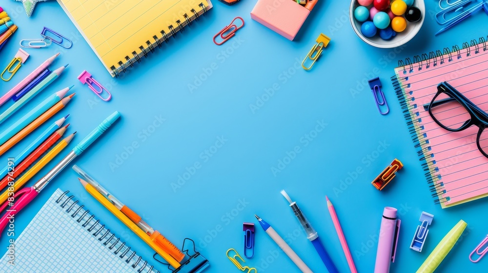 Top view of a blank sheet with colorful stationery, art and education tools, ideal for text or advertising, isolated background, studio lighting Top view of a blank sheet with colorful stationery, art and education tools, ideal for text or advertising, isolated background, studio lighting