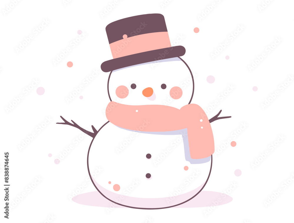 Snowman with a top hat and scarf, surrounded by snowflakes. Flat vector illustration isolated on white background. Snowman with a top hat and scarf, surrounded by snowflakes. Flat vector illustration isolated on white background.