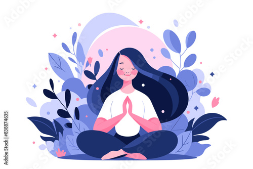 A woman meditating surrounded by calming nature elements. Flat vector illustration isolated on white background.