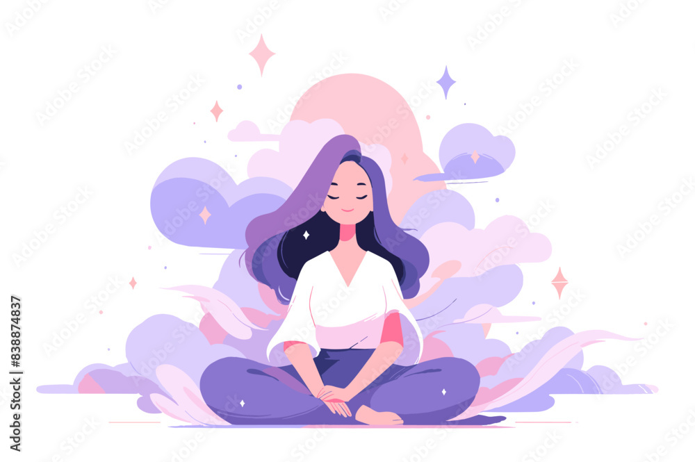 A woman sitting cross-legged in a peaceful meditative pose, surrounded by pastel-colored clouds and stars. Flat vector illustration.