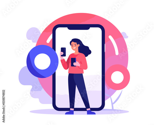 Woman surfing on the internet in her smartphone, modern life poster with woman holding smartphone. Flat vector illustration isolated.