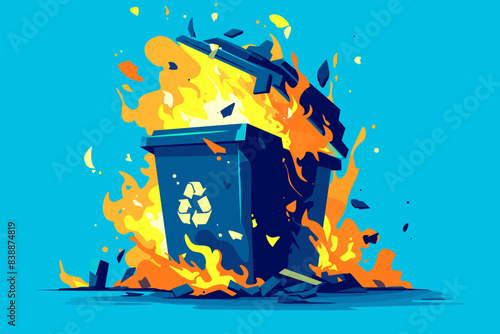 Burning trash in bin, pollution from waste plastic, fire flame garbage burning and smoke air polluted. Vector flat illustration