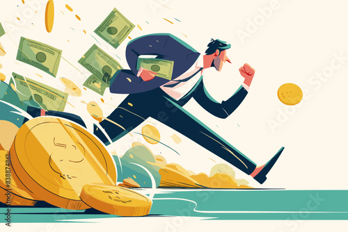 Time is money, businessman running with cash and coins flying around, man chasing dollars, losing opportunity, financial savings, inflation, modern vector poster with copy space for text