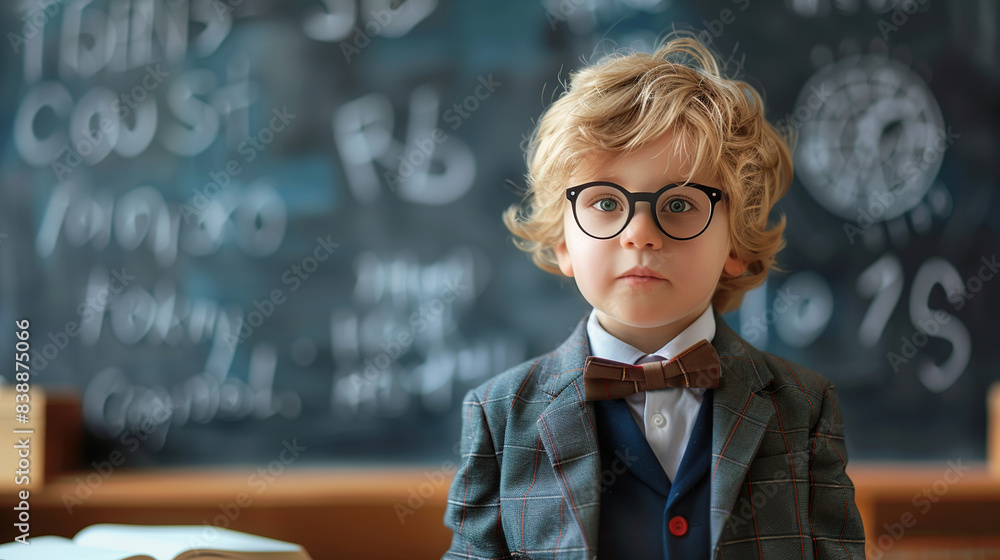 A cute little boy with glasses stands in front of the blackboard A cute little boy with glasses stands in front of the blackboard