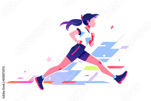 A woman running with ponytail, depicted in a modern and colorful geometric style. Flat vector illustration.