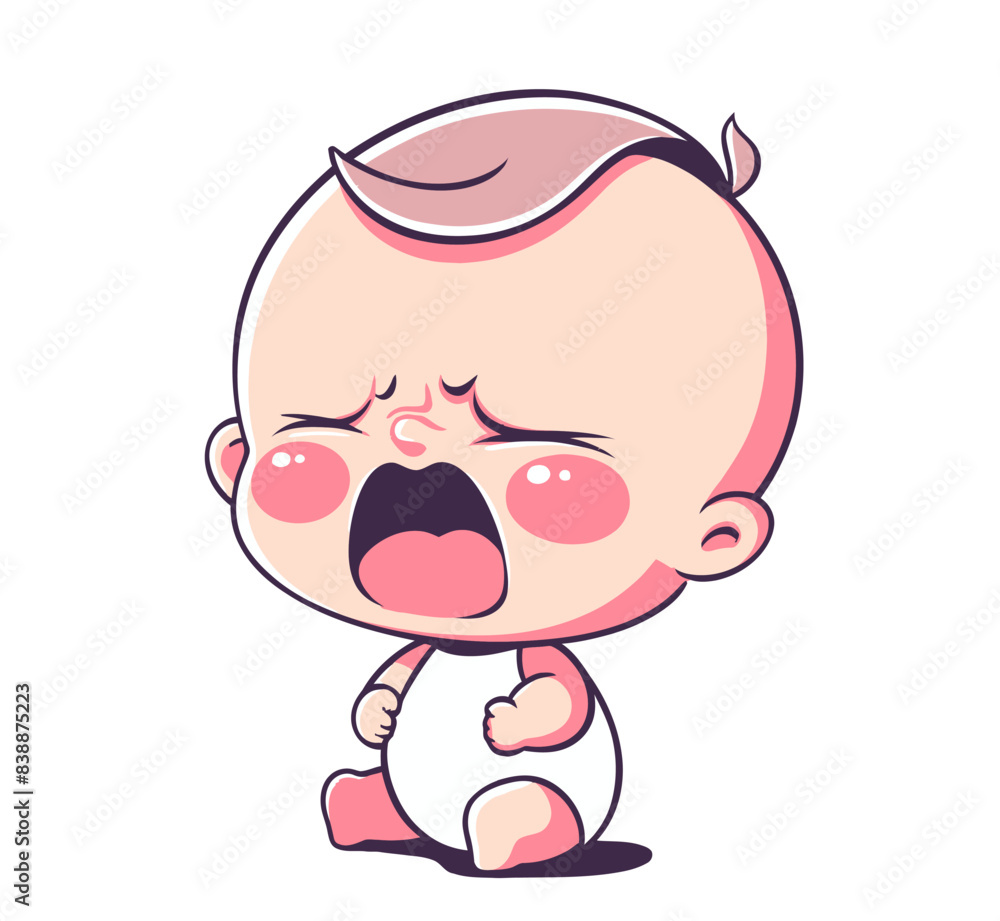 A crying baby with a distressed expression, sitting on the ground with tears in its eyes. Flat vector illustration. A crying baby with a distressed expression, sitting on the ground with tears in its eyes. Flat vector illustration.