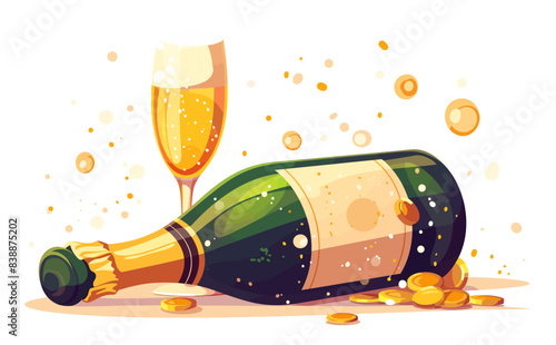 A champagne bottle and a glass with bubbles, with golden coins scattered around, celebration, witer holidays, Happy new year, merry christmas. Flat vector illustration.