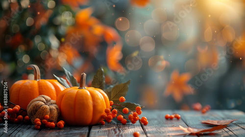 Autumn scene with pumpkins, autumn leaves and berries on a wooden table. Autumn background with space for text. Banner