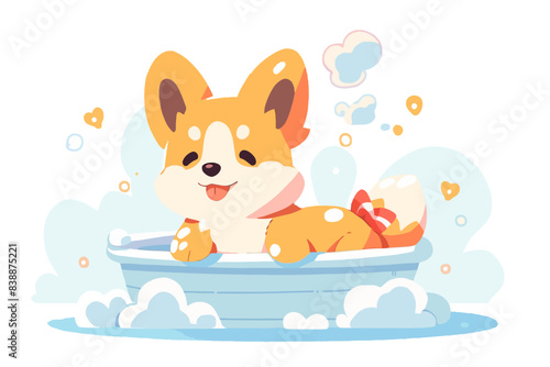 A cute orange dog taking a bath, surrounded by bubbles and looking happy. Flat vector illustration.