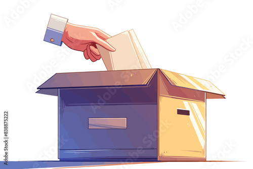 A hand placing a paper into a ballot box, voting or submission symbol, vote for president, election. Flat vector illustration.