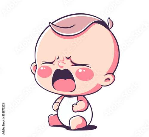A crying baby with a distressed expression, sitting on the ground with tears in its eyes. Flat vector illustration.