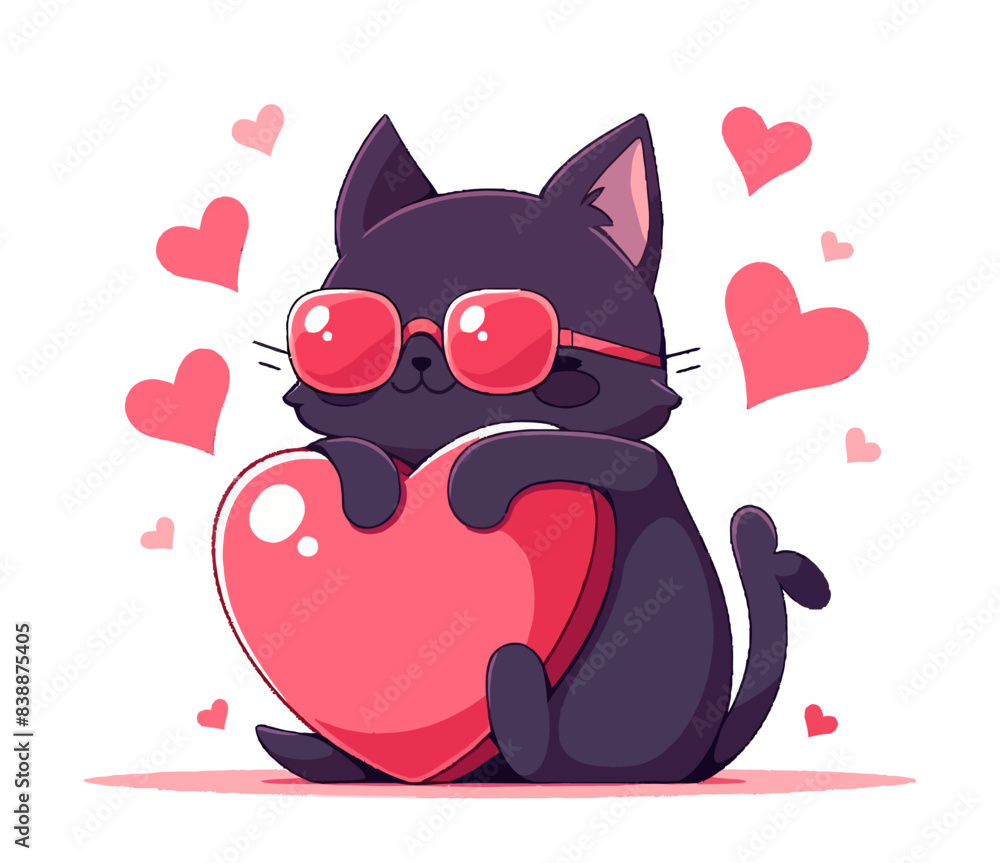 A black cat wearing red sunglasses and hugging a large red heart with hearts in the background. Flat vector illustration. A black cat wearing red sunglasses and hugging a large red heart with hearts in the background. Flat vector illustration.