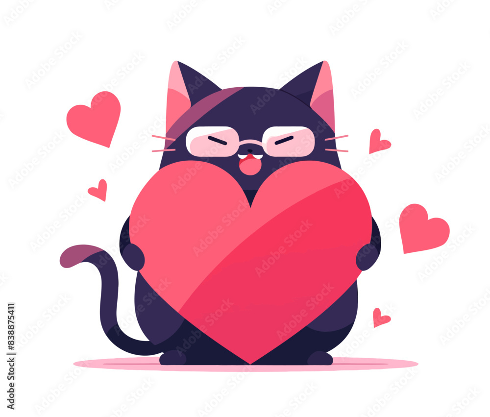 Fototapeta premium A cute black cat holding a heart, surrounded by floating hearts, exuding love and affection. Flat vector illustration.