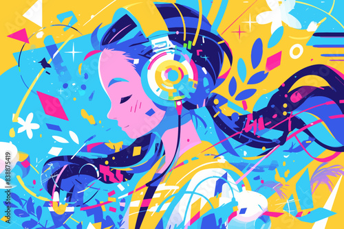 A girl with headphones, surrounded by vibrant abstract shapes and colors, exuding a sense of music and creativity. Flat vector illustration.
