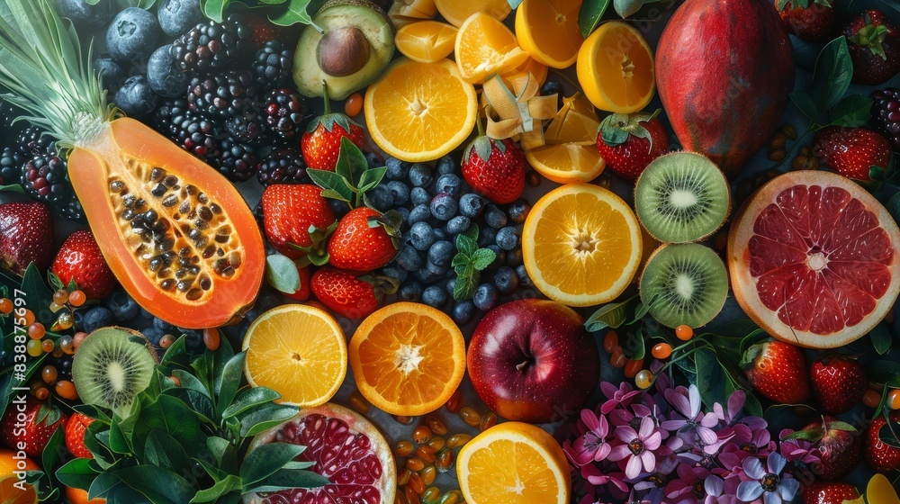 Illustrate an overhead perspective of a colorful array of superfoods arranged artistically on a sleek Illustrate an overhead perspective of a colorful array of superfoods arranged artistically on a sleek