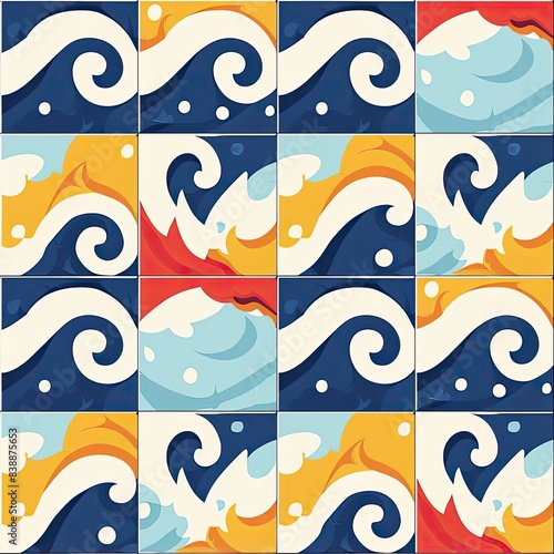 Seamless pattern with colorful waves and geometric shapes