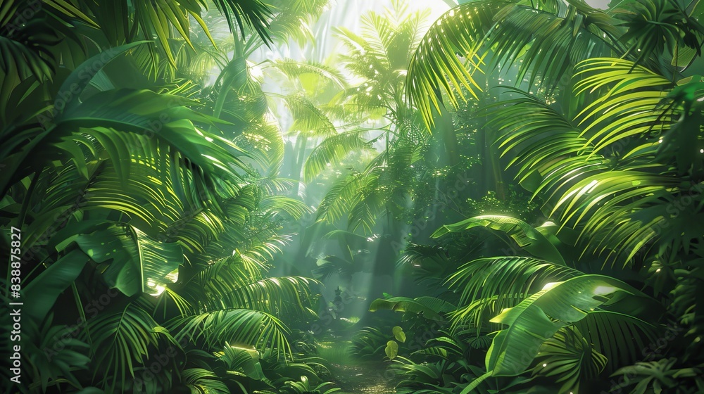 Illustrate the lush greenery of a tropical jungle in a low-angle perspective