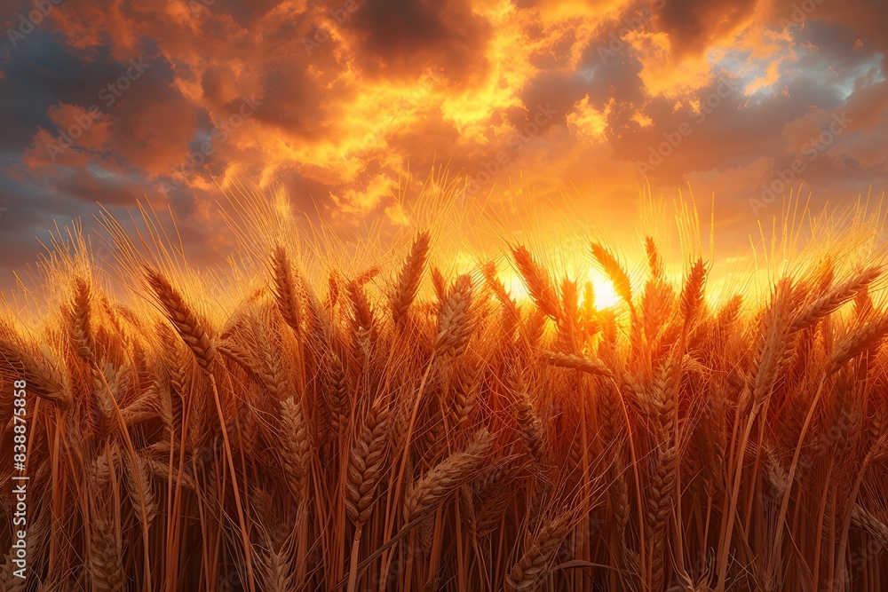 Golden Wheat Field against Dramatic Sunset Sky with Glowing Clouds - Agricultural Nature Scene for Print, Card, Poster Golden Wheat Field against Dramatic Sunset Sky with Glowing Clouds - Agricultural Nature Scene for Print, Card, Poster