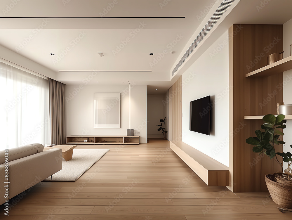 Fototapeta premium cozy, modern, natural light, plants, warm, elegant design stylish decor chic contemporary interior comfortable relaxing soft minimalist trendy aesthetic spacious serene inviting peacef