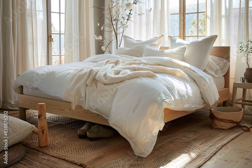 Inviting bedroom bathed in natural light, featuring a plush bed with soft white bedding and a tranquil vibe