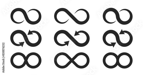 Simple flat black infinity symbols. Design elements for unlimited infinity, endless, eternity, loop, discontinuation, and repetition concepts. Vector illustration
