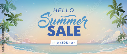 Vector beautiful realistic illustration of colorful sandy summer beach and palm trees. Summer sale horizontal promotional travel wallpaper, flyer or web banner design template