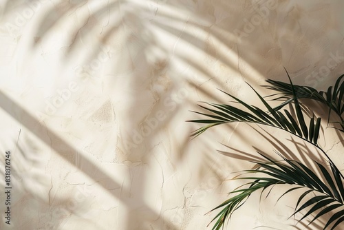 Minimal product placement background with palm shadows on beige plaster wall. Luxury summer architectural interior aesthetic. Boho home space for product platform stage mockup. Generative ai