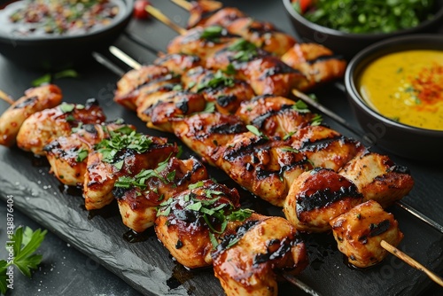 Yakitori - Skewers of grilled chicken served with dipping sauces. 