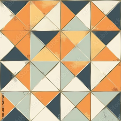 Abstract geometric pattern with orange, blue, and white triangles.
