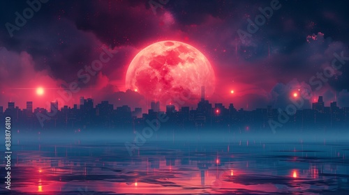 A digital artwork depicting a large, red moon rising over a city skyline, reflected in a calm body of water.