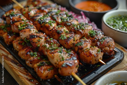 Yakitori - Skewers of grilled chicken served with dipping sauces. 