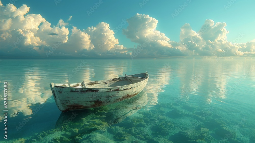 Naklejka premium Solitary Man Praying in Wooden Boat Amidst Tranquil Blue Sea | Ultra-Realistic High Detail Stylized Image at 750 AR 9