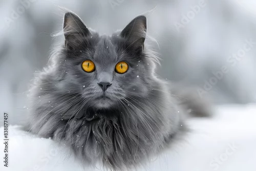 Fototapeta Majestic Gray Cat with Striking Orange Eyes in Winter Snow Scene - Perfect for Posters or Pet-Themed Designs