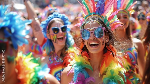 A joyous crowd at a pride parade, with colorful floats and performers in vibrant costumes. Generative AI. © visoot