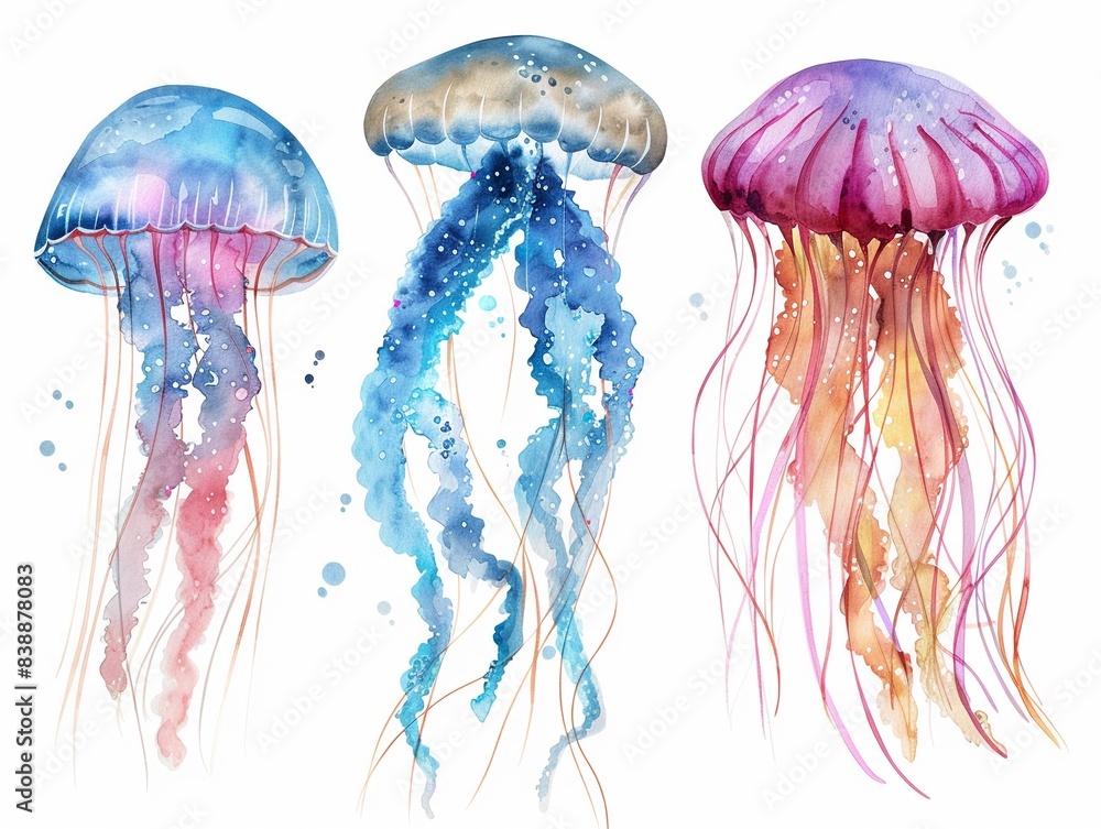 Fototapeta premium Ethereal watercolor jellyfish, clipart isolated, for creating an otherworldly aquatic ambiance