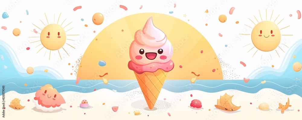 Playful character icon holding an ice cream cone, with a backdrop of sun rays and beach elements, all on a clean white background. Playful character icon holding an ice cream cone, with a backdrop of sun rays and beach elements, all on a clean white background.