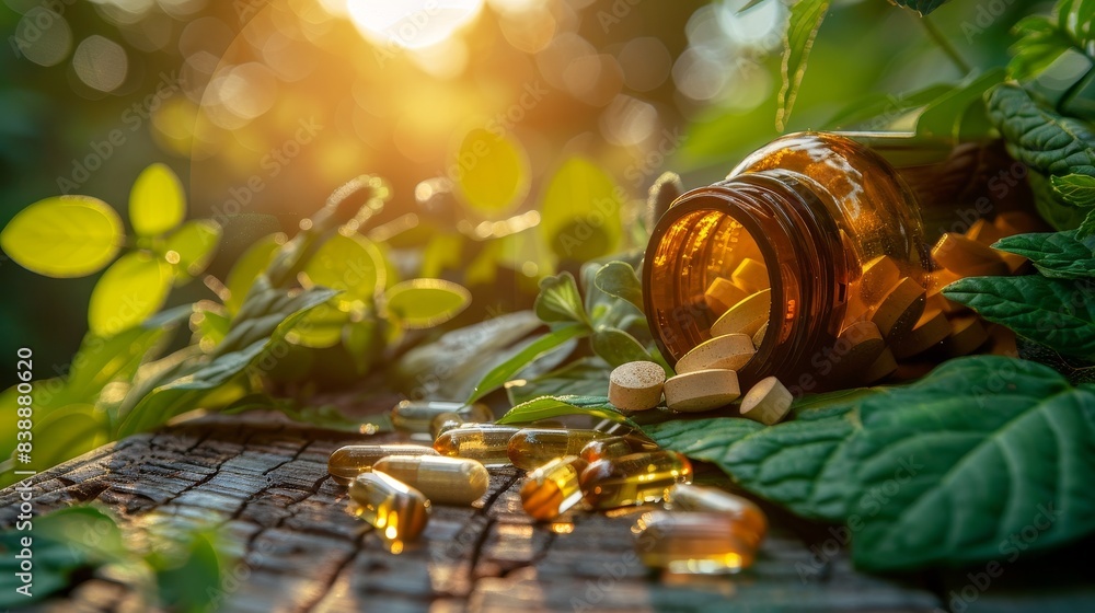 Natural supplements in clear capsules, spilling from an open bottle onto a wooden table, sunlight filtering through green leaves Natural supplements in clear capsules, spilling from an open bottle onto a wooden table, sunlight filtering through green leaves