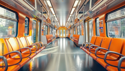 Interior of a modern subway train with bright orange seats, clean and empty, showcasing a vibrant and city transport theme. photo