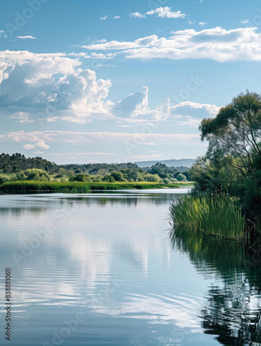 A serene view over a peaceful lake in the summer