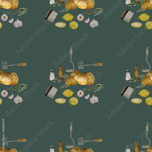 Potato mashers lemon a watercolor green pattern 