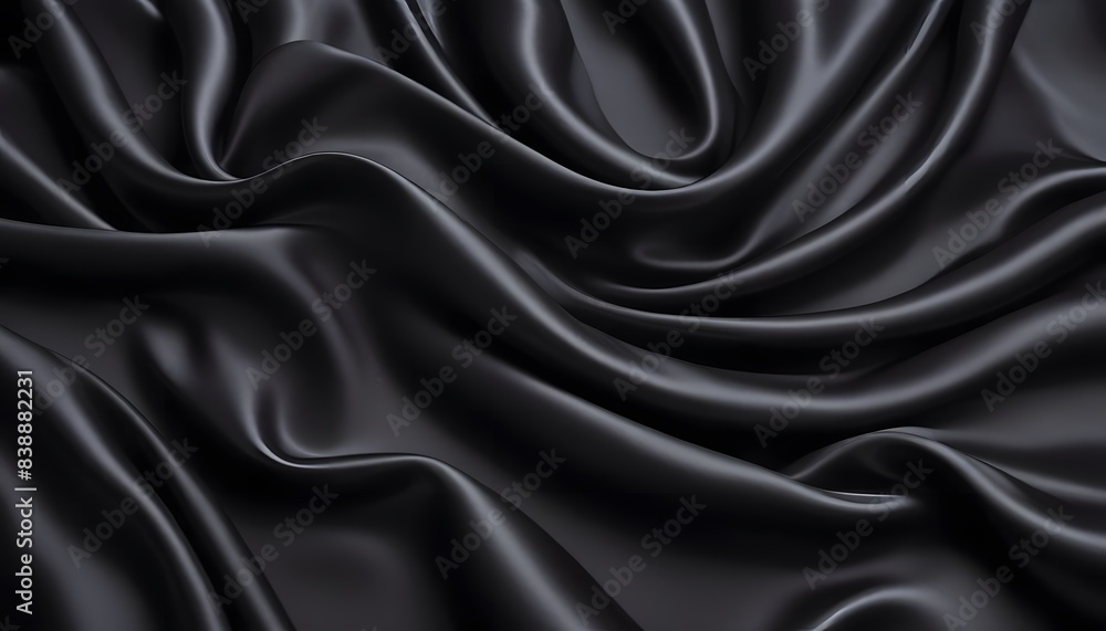 Fototapeta premium Black satin dark fabric texture is luxurious and shiny that is an abstract silk cloth background with patterns soft waves blur beautiful. Ai generate