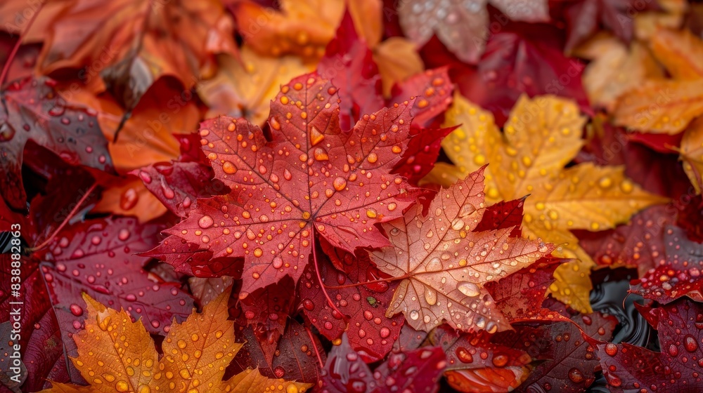 Macro shot of wet autumn leaves on the ground, detailed view of red and yellow maple leaves with raindrops, vibrant and fresh Macro shot of wet autumn leaves on the ground, detailed view of red and yellow maple leaves with raindrops, vibrant and fresh