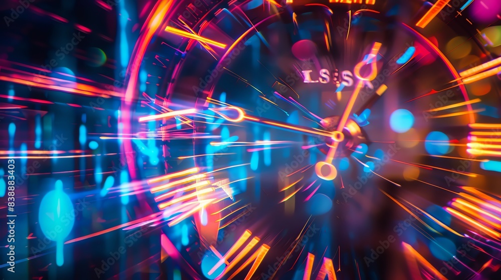 Blur light trail, neon colors, fast motion, close up, focus on, copy space, bright and striking hues, Double exposure silhouette with clock face Blur light trail, neon colors, fast motion, close up, focus on, copy space, bright and striking hues, Double exposure silhouette with clock face