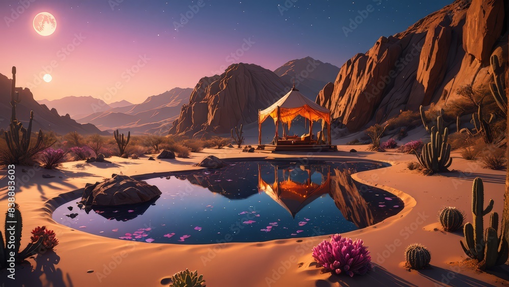 Fototapeta premium Desert Oasis with a Tent under a Full Moon