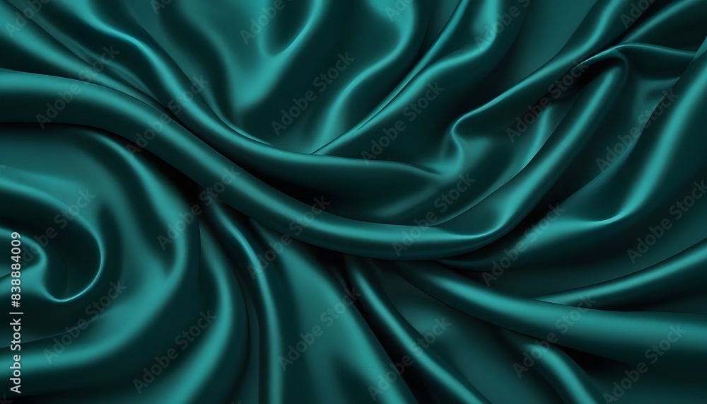 Obraz premium Black blue green abstract background. Dark green silk satin texture background. Beautiful wavy soft folds on the surface of the fabric. Teal elegant background with copy space for design. Web banner.