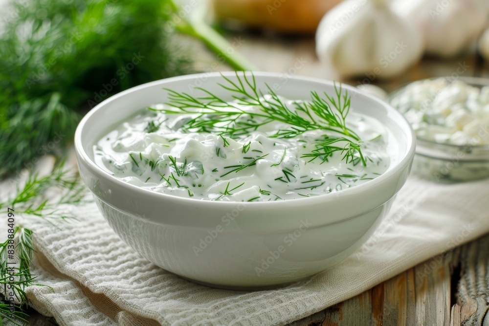 Dill sauce in bowl, tzatziki greek dip, tarator, cacik or tartar with lemon, dill dressing, mayo, yogurt cream Dill sauce in bowl, tzatziki greek dip, tarator, cacik or tartar with lemon, dill dressing, mayo, yogurt cream